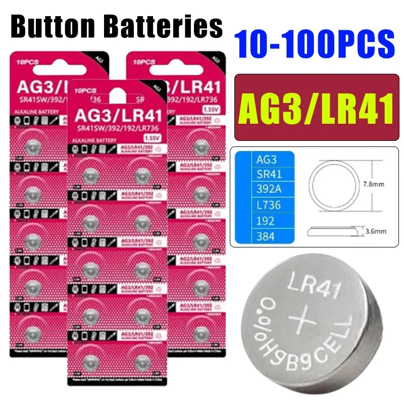 Батарейки AG13 LR41 кнопочные 100-10 шт. 1 55 в L1154 RW82 SR1154 SP76 pila SR44 A76 LR1154 GP7