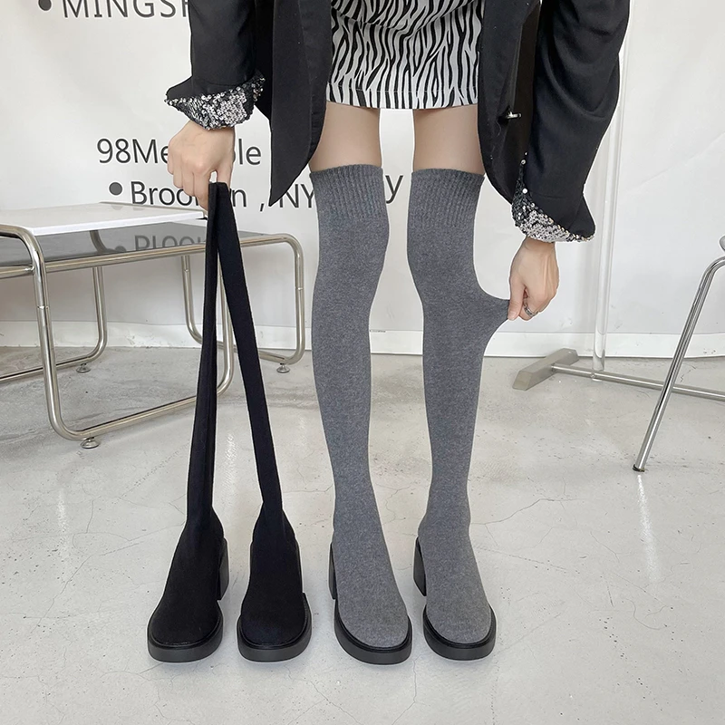 

Over The Knee Boots for Women 2023 New Thick Soled Black Skinny Boots for Women Small Knit Elastic Socks Boots Botas De Mujer