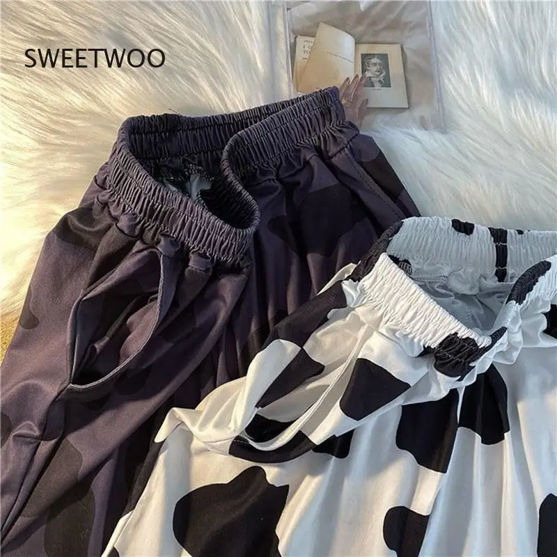 New Cow Print Sport Shorts Casual Style Streetwear Joggers Women Harajuku Sweatpants Straight Elastic High Waist Wide Leg Shorts