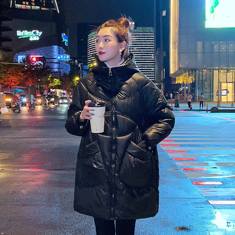 2023 Mid-length Glossy Women's Padded Coat Commute Dignified Hooded Loose Thick Warm Parkas Wild Bread Clothes Women's Clothing