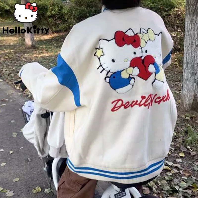 Sanrio Hello Kitty Fashion Baseball Jacket For Women Y2k Streetwear Autumn Winter Oversize New Loose Sweet Couple Coat Match Top