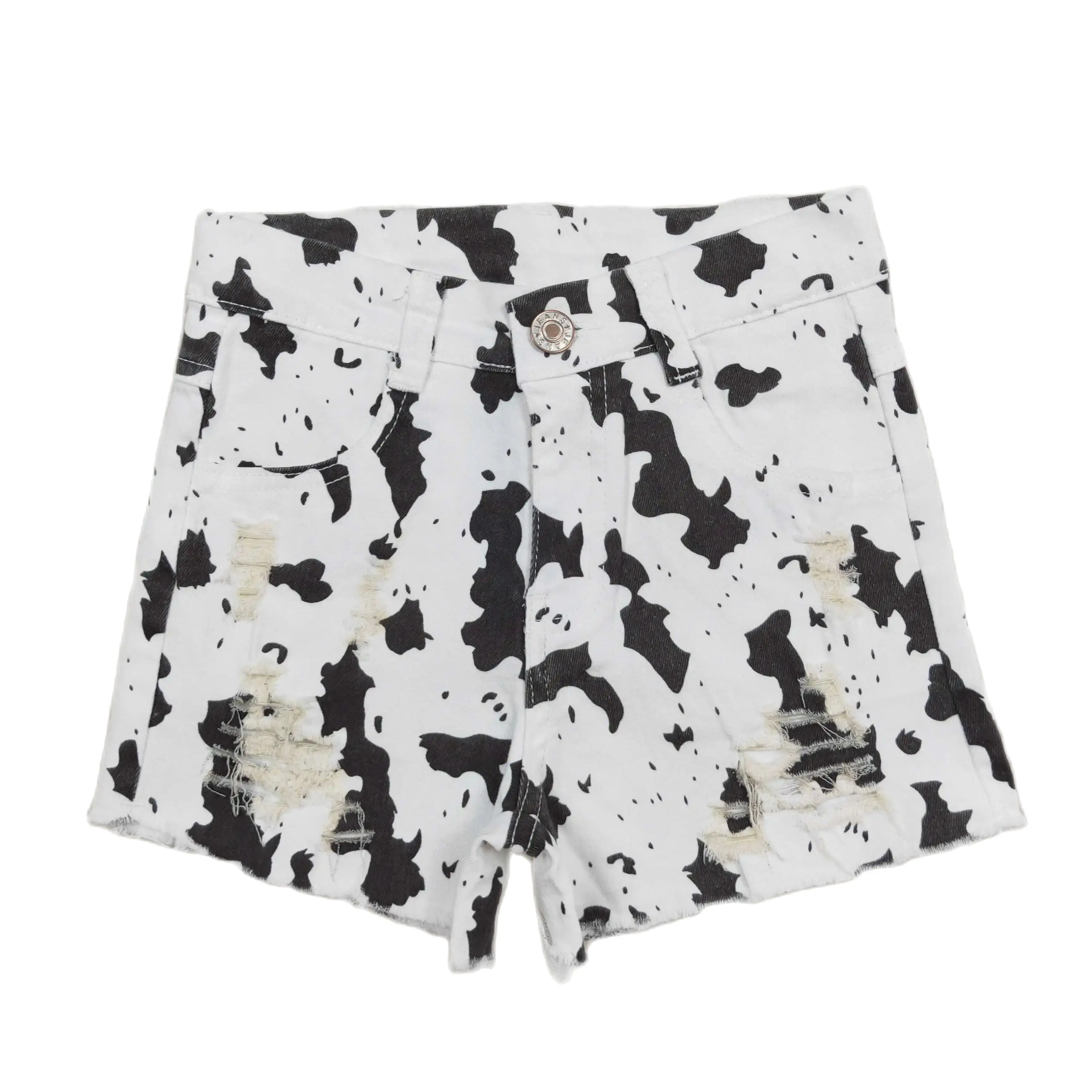 Джинсовые шорты для маленьких девочек рваные джинсовые с коровьим принтом