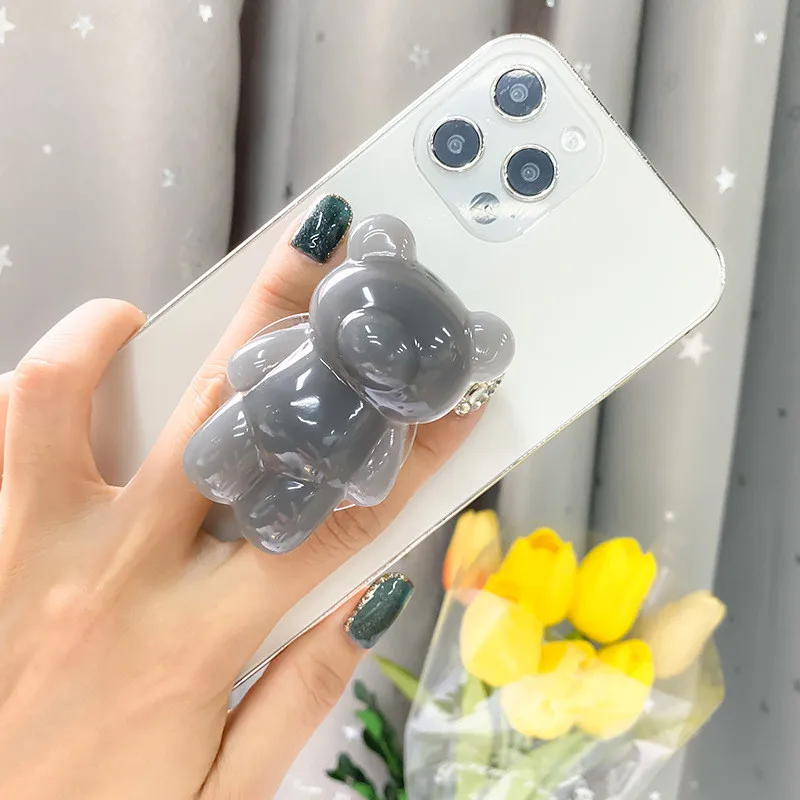 

Solid Color Simple 3D Bear Mobile Phone Stand luxury Popping 3D Transparent Glitter Epoxy Phone Holder Sockets Grip Stand