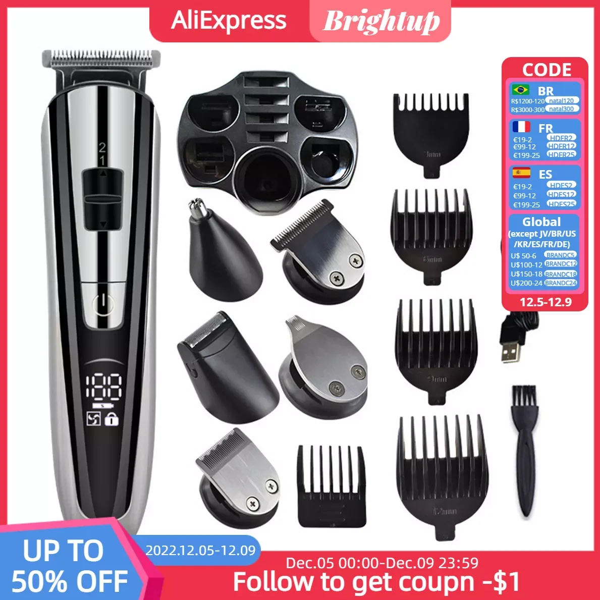 

Триммер для волос NEW2023 5 в 1, многофункциональная Мужская бритва, триммер для носа и бороды, Беспроводная Машинка для стрижки с ЖК-дисплеем