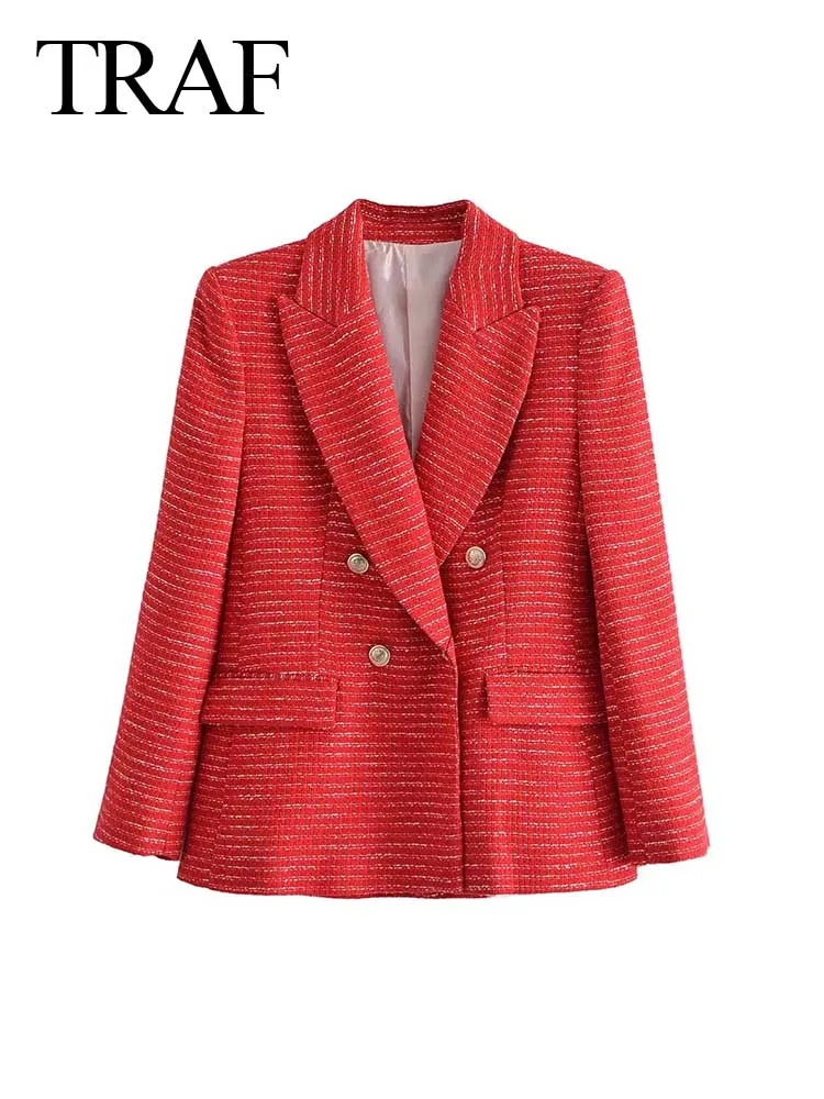 

TRAF 2022 New Ladies Blazer Check Retro Classic Double Breasted Long Sleeve Jacket Loose Jacket Fashion Office Ladies Clothing