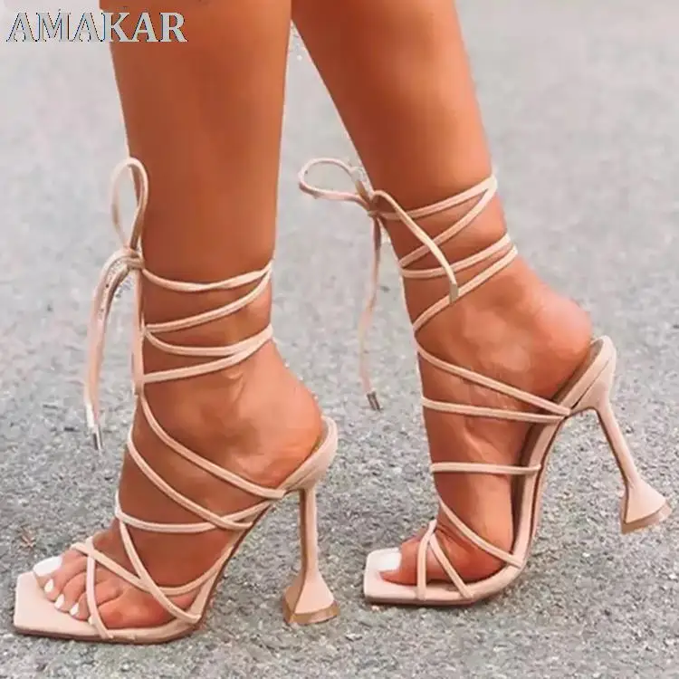 

Sexy Lace Up Women Sandals Square Toe Spike Heel Cross Tied Party Shoes 2022 New Summer High Heels Pumps