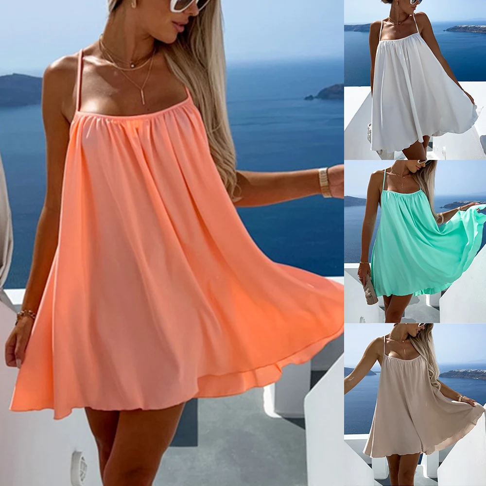 

Sexy Spaghetti Sleeveless Loose Casual Beach Mini Dress Women 2023 Summer O-neck Backless Long Tops Vacation Black White Dress