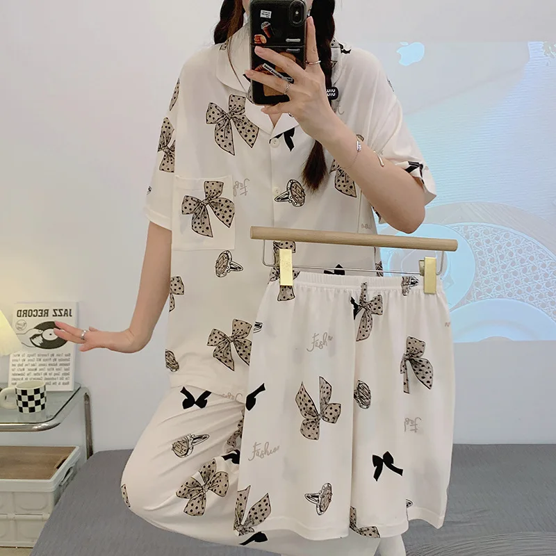 Summer Pajamas for Women's High-end Sense of Cardigan Short-sleeved Three-piece Suit Casual Home Service with Turn-over Collar