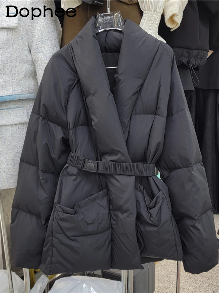 

Женский теплый пуховик с поясом и V-образным вырезом, с карманами