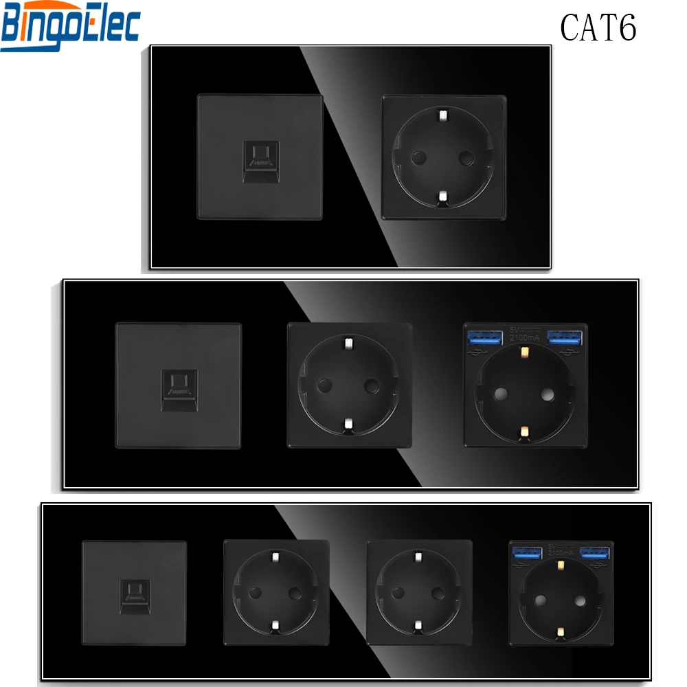 Фото Розетка Bingoelec EU Power/USB с портами HDMI/USB для ТВ-компьютера, розетка Schuko переменного тока 230 В, защита от перенапряжения, черная стеклянная рамка №1