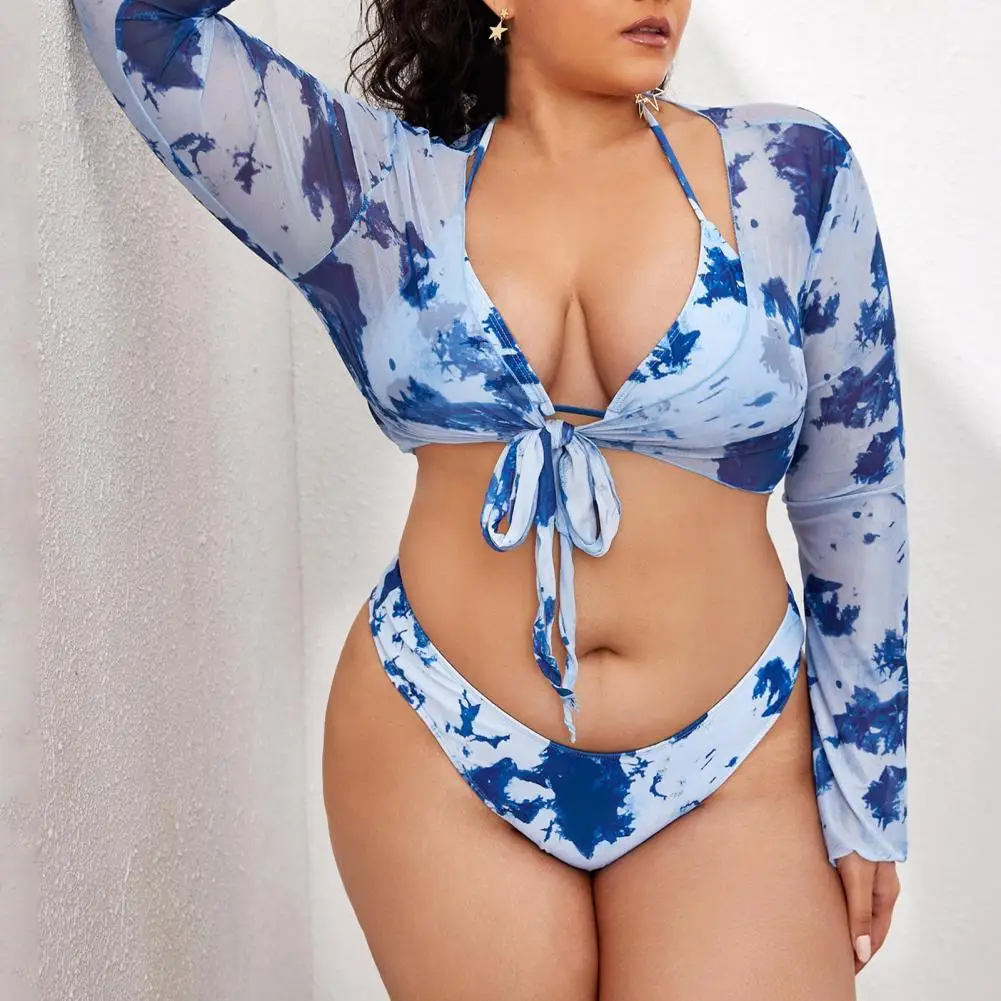 

1 Set Women Bikini with Cardigan Spaghetti Strap Plus Size Three-point Type Swimming Suit for Beach