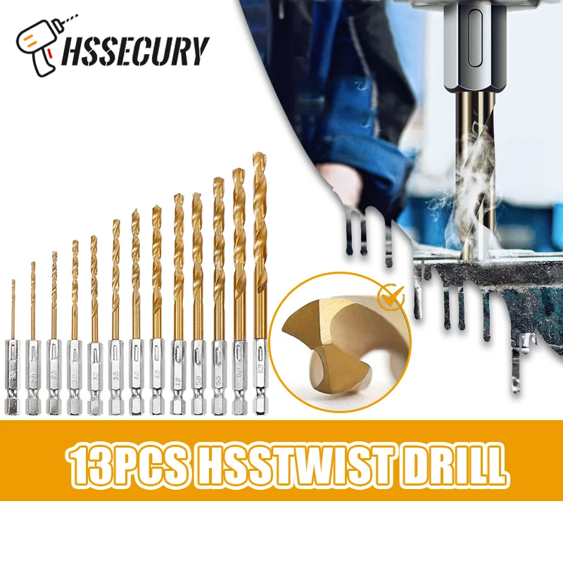 

Набор сверл из быстрорежущей стали, 13 шт., высокоскоростные сверла с титановым покрытием, набор сверл с шестигранным хвостовиком 1/4 дюйма, 1,5-6,5 мм, спиральное сверло
