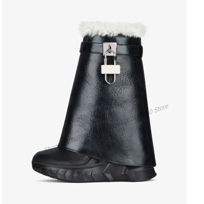 

Fleece White Matte Leather Lock Decor Boots Mid Calf Wedges Heel Women Shoes Side Zipper Round Toe 2023 Sexy Zapatos Para Mujere