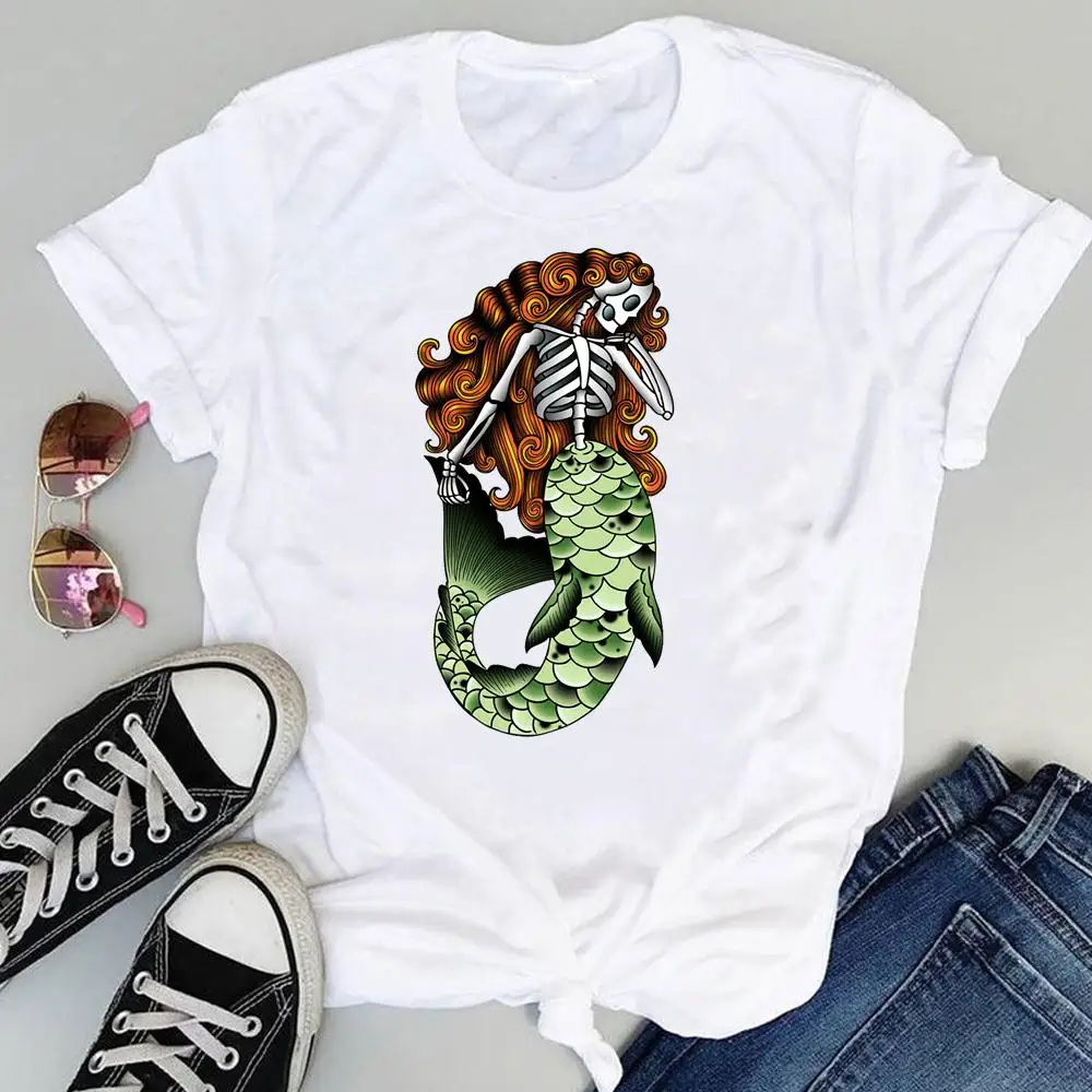 

Casual Ladies T-shirt Basic O-neck Skull Mermaid Print Tops Women T shirt Short Sleeved Summer female Tshirt Camisetas Mujer