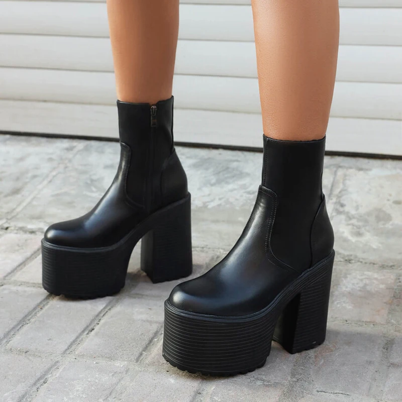 Side Zipper Women Thick Sole Short Boots Block Medium Heels Shoes Round Toe High Platform Booty US Size 11 Pumps