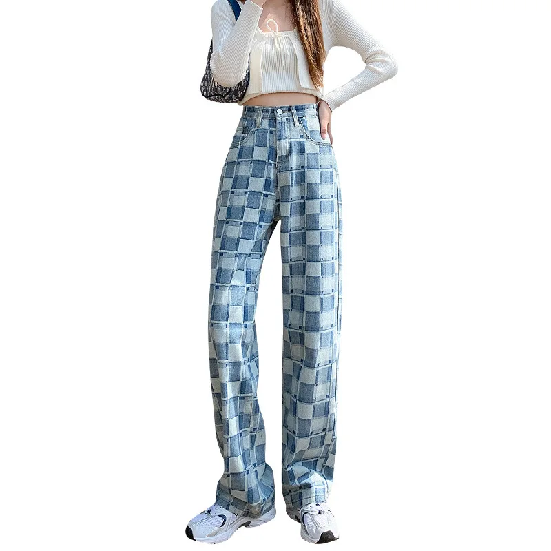 Jogger Plaid Ladies Jeans Summer Harajuku Fashion Plaid Pattern Loose Casual Blue Wide Leg Jeans Men's Overalls Streetwear 2021
