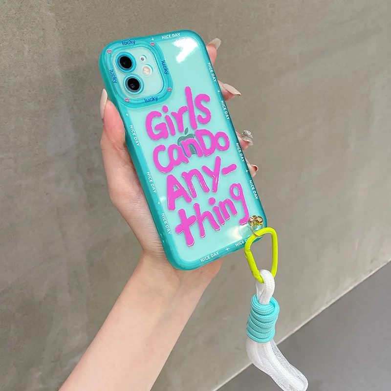 

Cute Fluorescent Letters Phone Case For iPhone 13 Pro Max 11 12 Pro Xs Max XR X 7 8 Plus Hand Straps Short Rope Soft TPU Cover