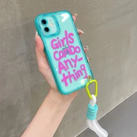cute fluorescent letters phone case for iphone 13 pro max 11 12 pro xs max xr x 7 8 plus hand straps short rope soft tpu cover