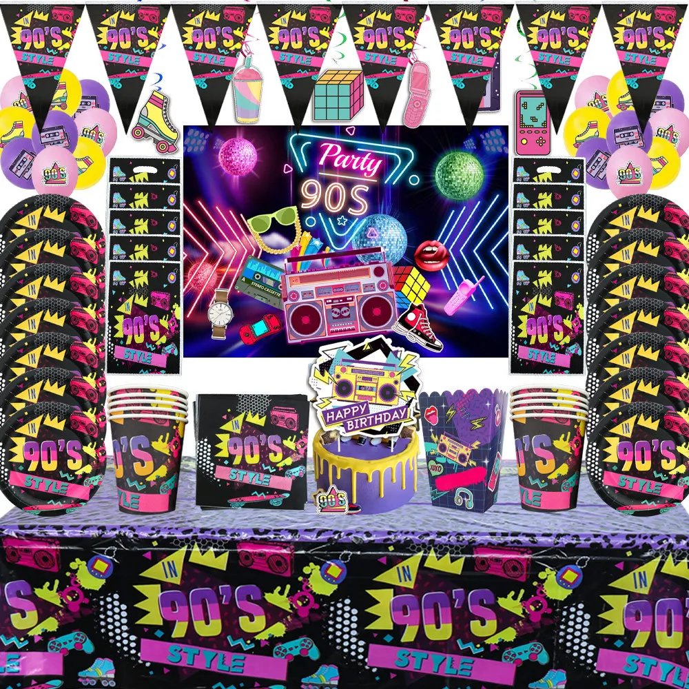 

90'S Theme Party Balloons Cups Plate Disposable Party Tableware Birthday Party Adult Nostalgic Youth Back To The 90S Party Decor