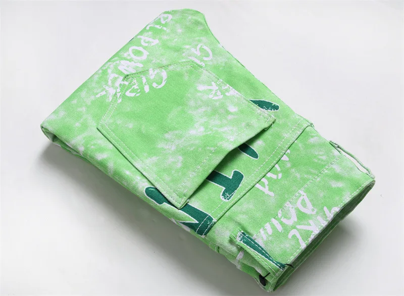 Men Y2K Neon Green Print Jeans Fashion Digital Printed Stretch Denim Pants Slim Tapered Trousers for Men