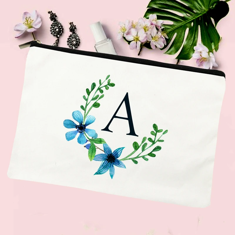 Women Cosmetic Back To School Gift Case Initial Letter Flower Print Makeup Bag Travel Toiletries Organizer Make Up Storage Pouch
