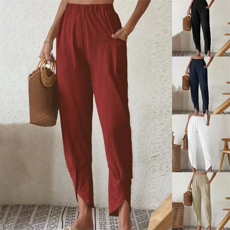 Women Cotton Linen Long Pants  Solid Color Straight Pants Elastic Lace Up Female Daily High Waist Casual Trousers With Pocket