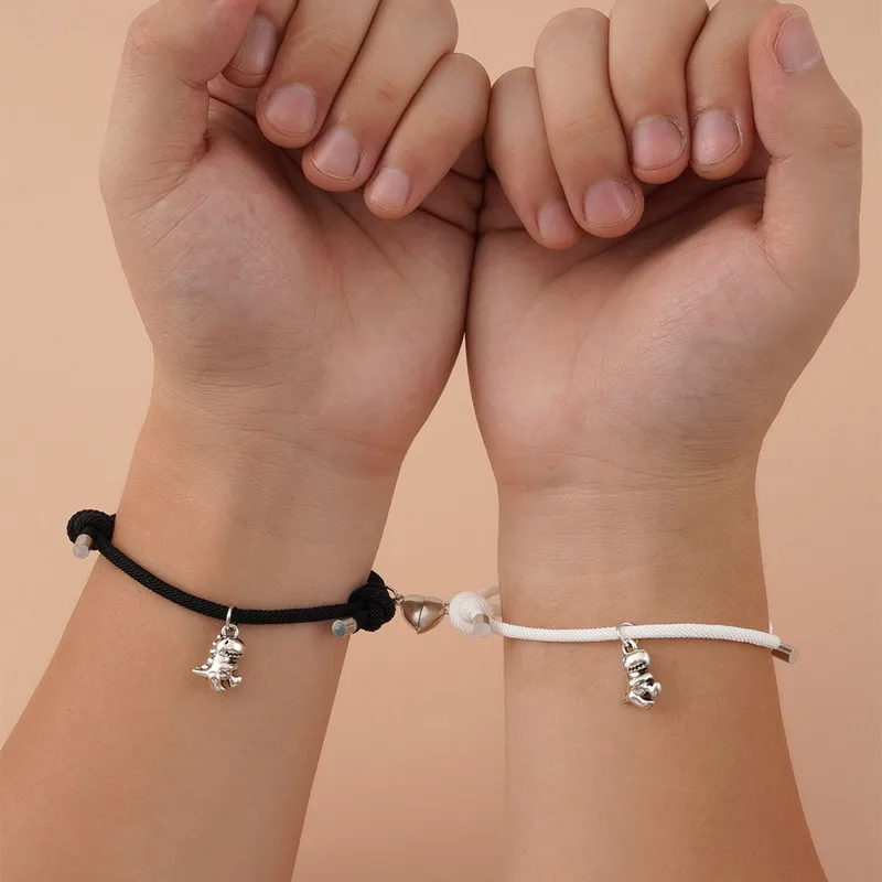 

TULX 2pcs Love Heart Magnet Couple Bracelets Dinosaur Charm Bracelet Lover Best Friends Adjustable Braid Rope Chain Jewelry