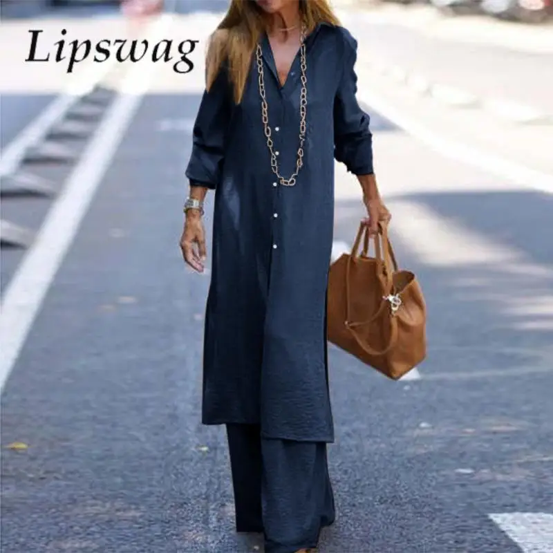 

Винтажный комплект из рубашки с отворотом и длинных брюк, повседневный однобортный Кардиган с длинным рукавом, комплект из 2 предметов, весе...