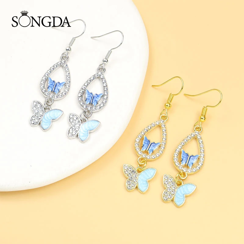 

Fashion Colorful Enamel Butterfly Dangle Earrings Water Drop Shape Zircon Drop Earrings For Women Girl Sweet Jewelry Accessories