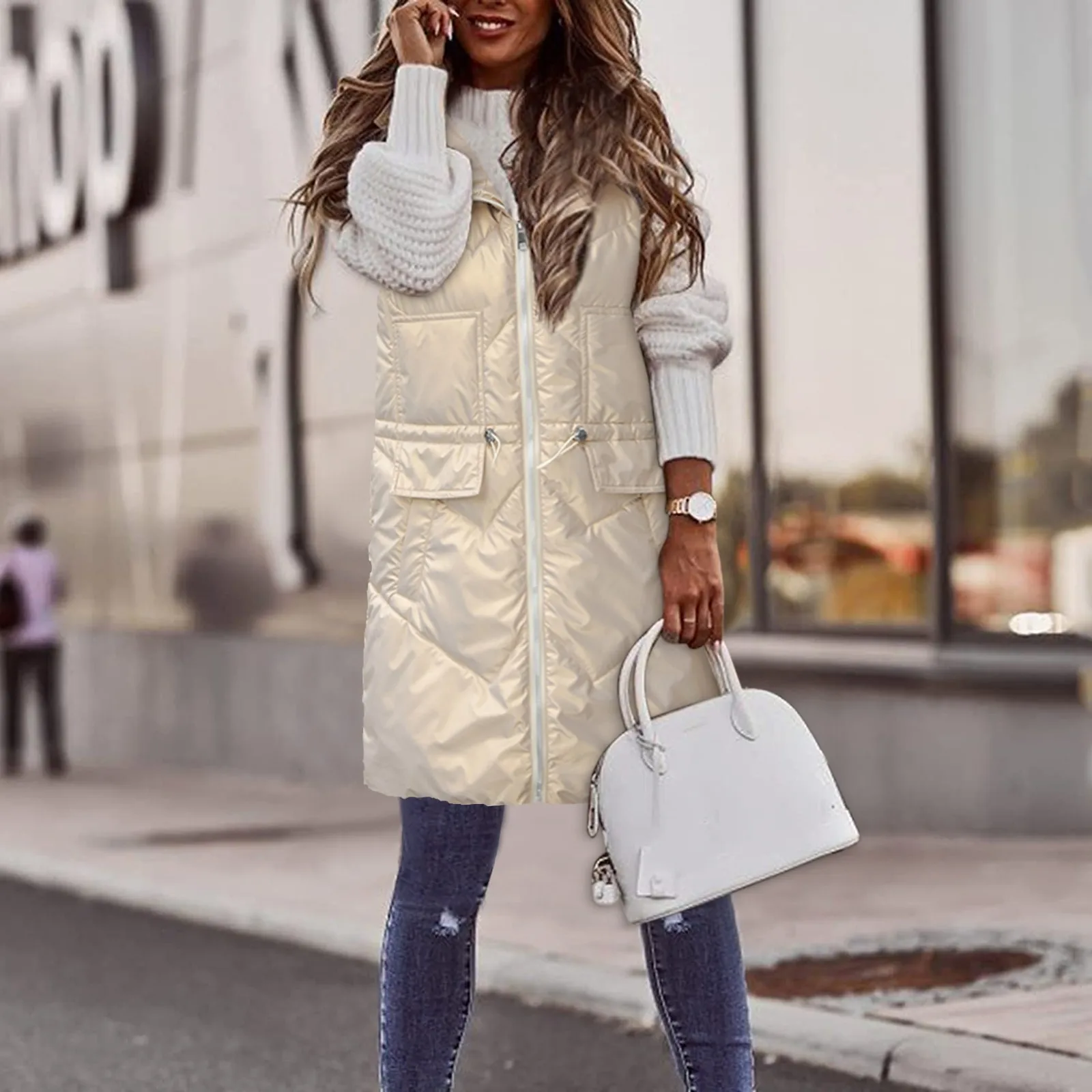 Women's Zipper Down Parka Solid Color Casual Hooded Long Coat Jacket Winter Warm Fashion Outdoor Vest Parka Jacket Female