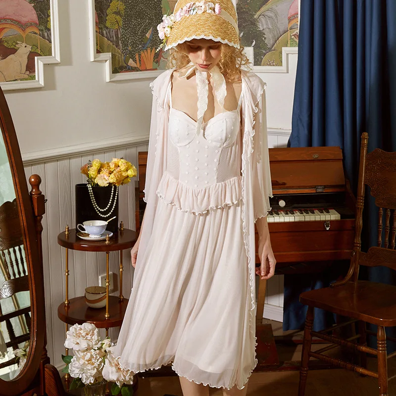 Women's Retro Chic Slim Fit Gauze Stitching Slip Dress with Removable Chest Pad Two Piece Set Nightgowns Sleepshirts Sleepwear