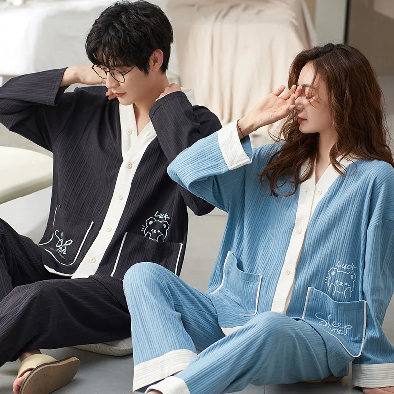 Couples Kimono Sleepwear Mens Cotton Pajamas Set Women Autumn Nightwear Man Home Suit Long Sleeves Sleeping Tops Free Shipping