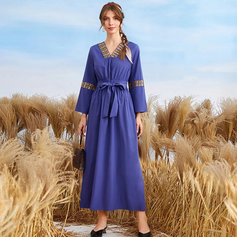 Embroidery 2023 V Neck Long-sleeved Lace-up Long Dress Middle East Muslim Fashion Vestidos Arabes Dubai Y Turcos