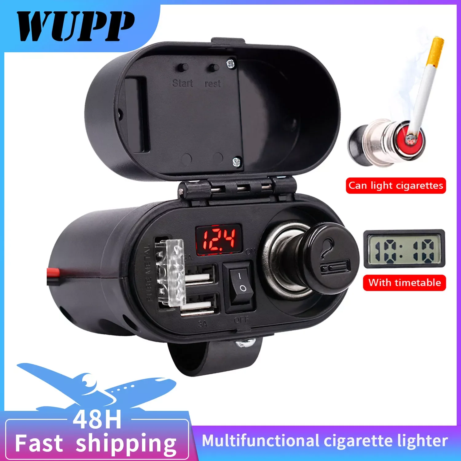 

WUPP Authentic Motorcycle Cigarette Lighter Socket Dual USB Quick Charger Voltmeter Digital Clock Switch Control Waterproof