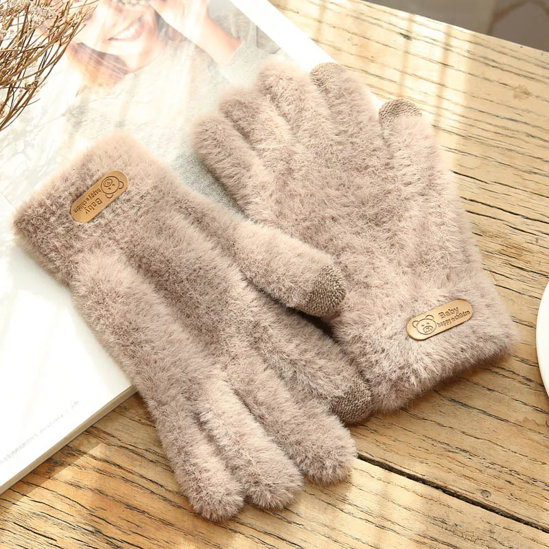 

Knitted Gloves Winter Warm Thick Touch Screen Fur Gloves Solid Mittens for Mobile Phone Tablet Pad Women's Cashmere Wool Glove