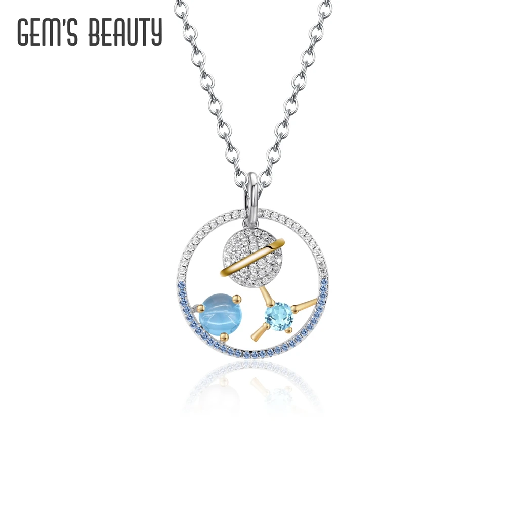 

GEM'S BEAUTY Planet Necklace Swiss Blue Topaz Moonstone 925 Sterling Silver Pendant Necklace For Women Fashion Fine Jewelry