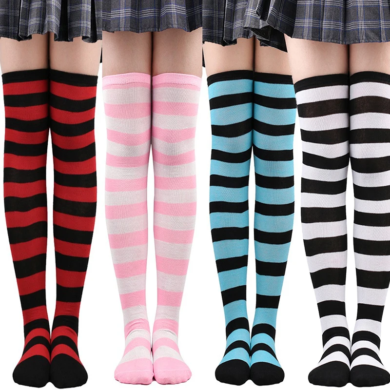 

1 Pair Black White Striped Long Stockings Women Warm Cotton Over The Knee Socks Cosplay Sexy Thigh High Stockings Autumn Winter