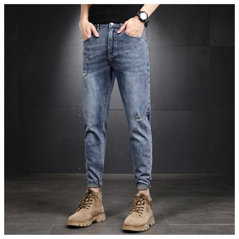 

2023 Spring Men's Ripped Jeans New Fashion Stretch Skinny Casuanl Trousers Korean Streetwear Men Clothing Denim Pants Blue