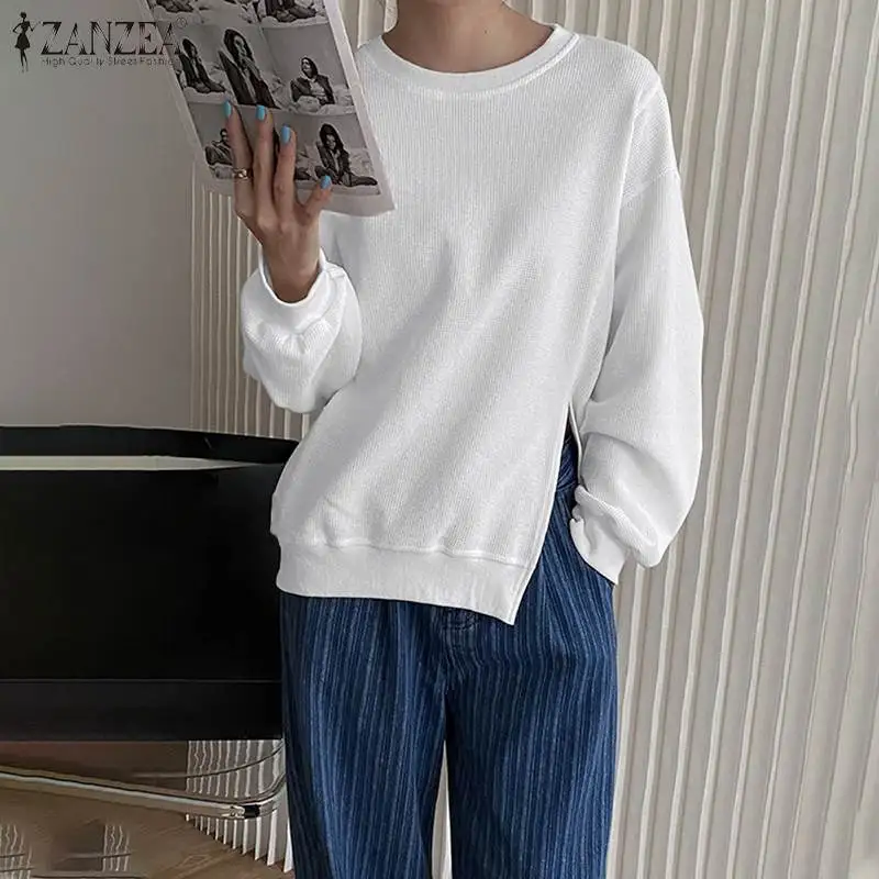 

Casual OL Solid Loose Oversized Blusa 2022 Women Spring Knitted Blouse Shirts ZANZEA Fashion Casual Long Sleeve Split Tops Tunic