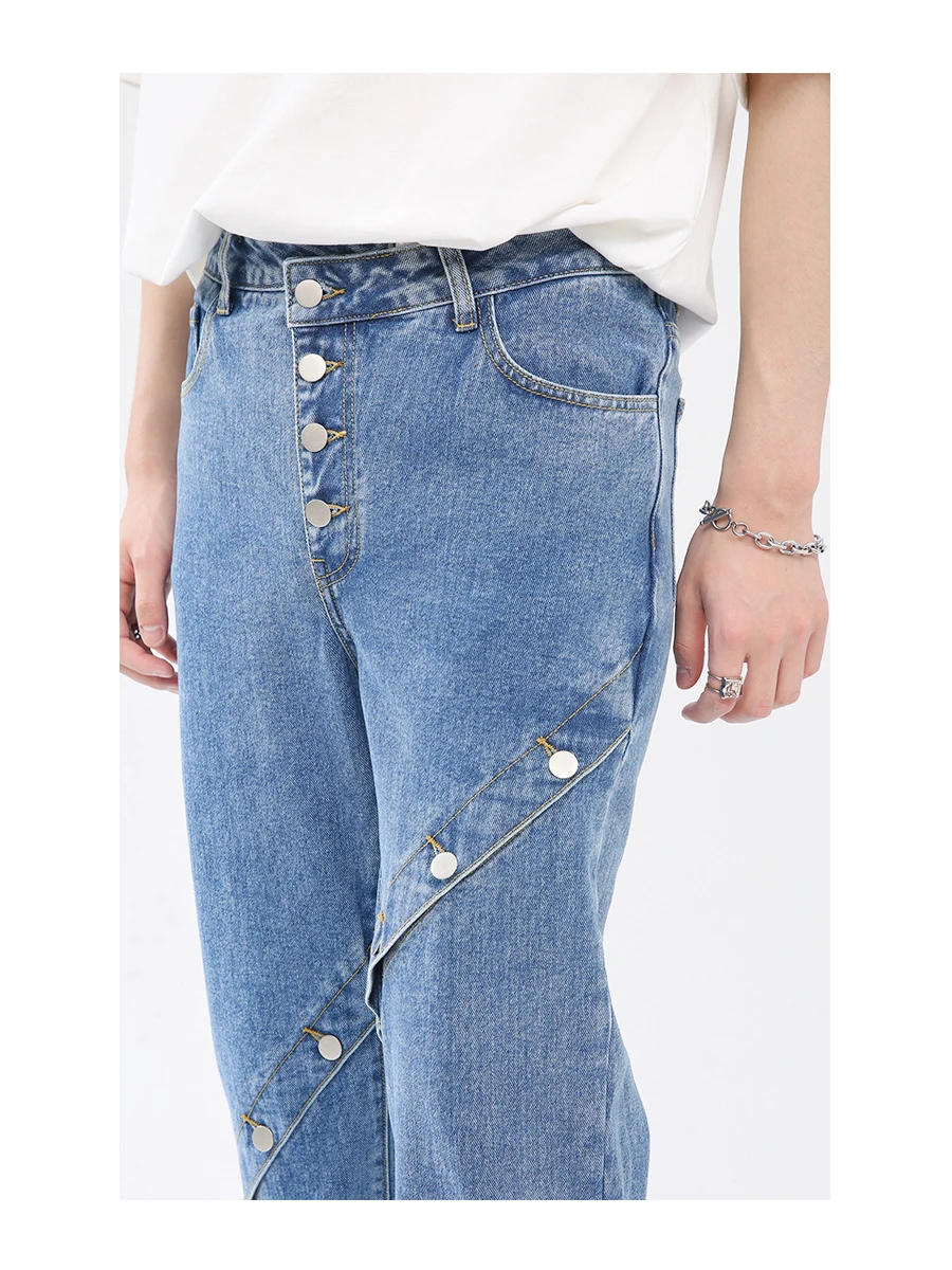 Four Seasons Men's Jeans Metal Button Stitching Design Sense Personality Split Design Jeans Y2k Pants Streetwear Jeans for Men