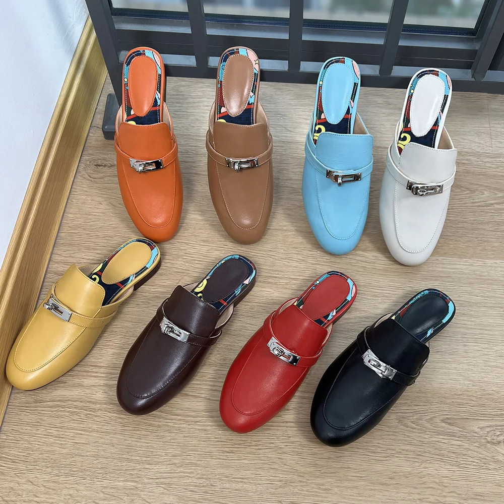 Slippers Women Casual Shoes Cowhide Outside sandalias Slip on Slingback Mules Basic Style zapatos mujer primavera verano 2022