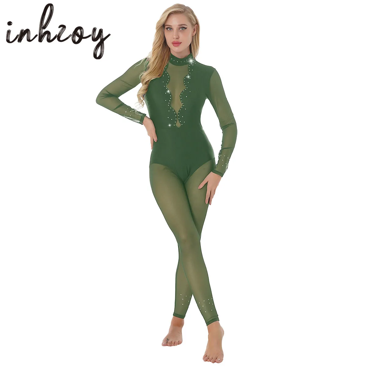 

Womens Gymnastics Leotard Ballet Dance Costume Long Sleeve Sparkling Rhinestone Mesh Patchwork Tight Bodysuit Jumpsuit Unitard