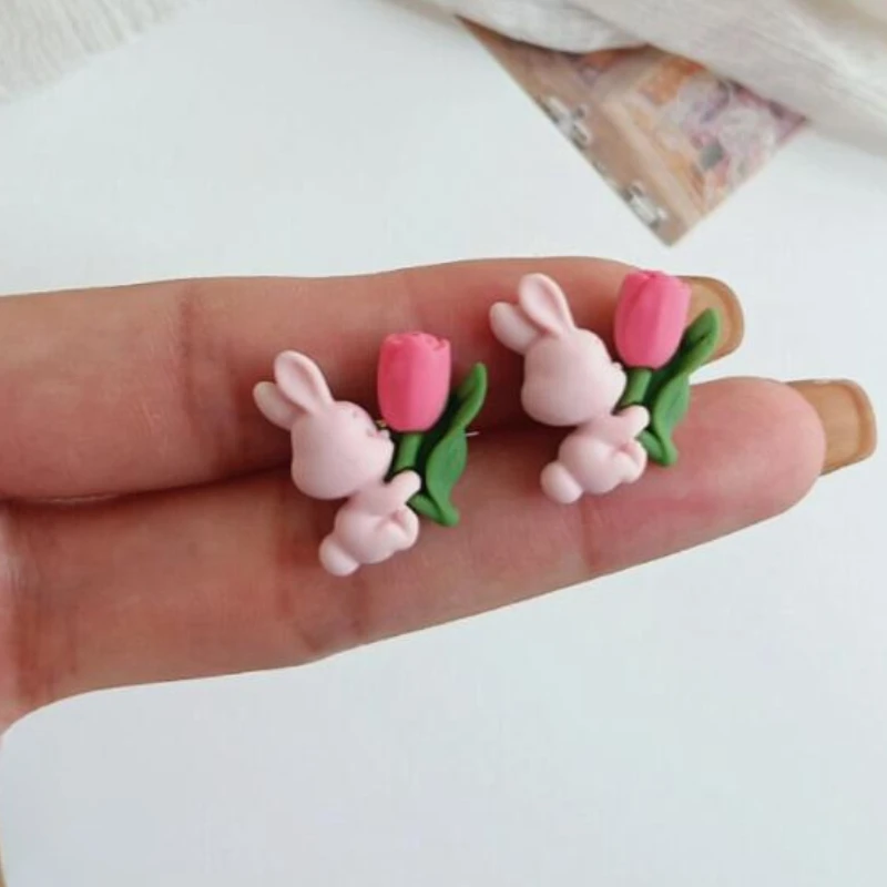 

Cute Resin Rabbit Flower Stud Earrings for Women Creativity Cartoon Animal Personality Sweet Korean Earrings Girl Jewelry Gifts