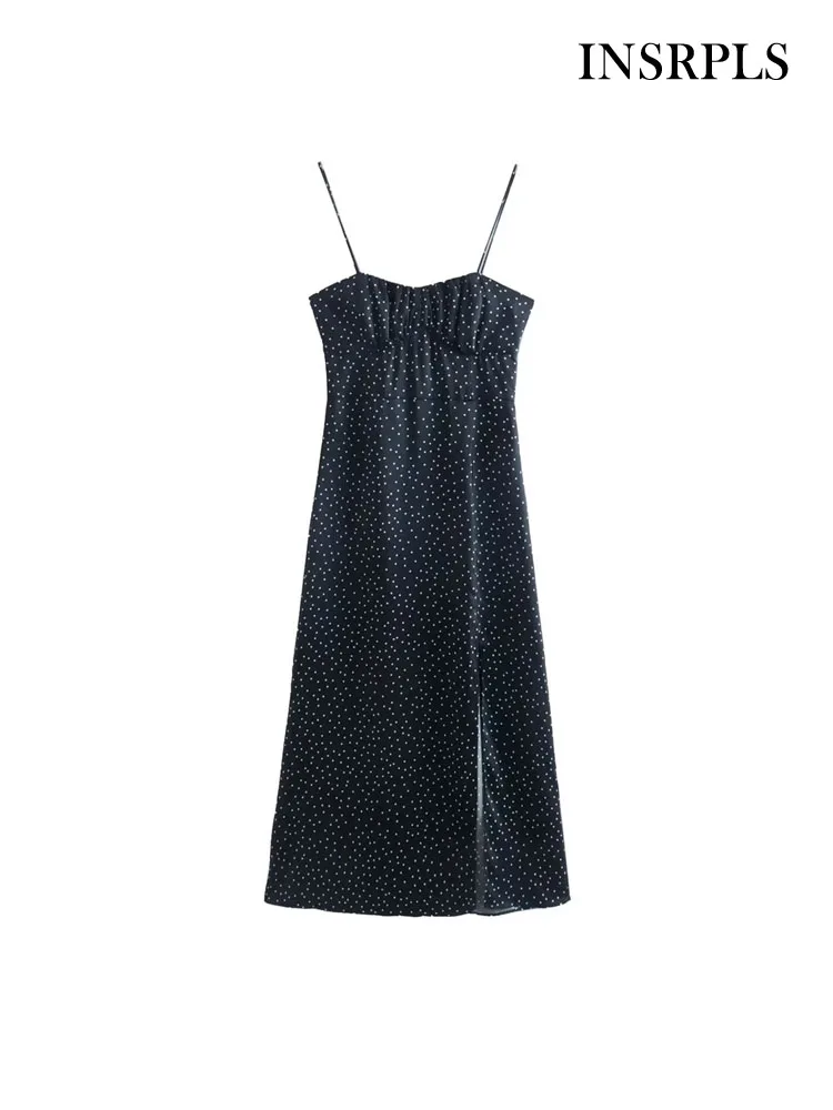 

INSRPLS Women Fashion Front Slit Polka Dot Midi Camisole Dress Vintage Backless Zipper Tied Thin Straps Female Dresses Mujer