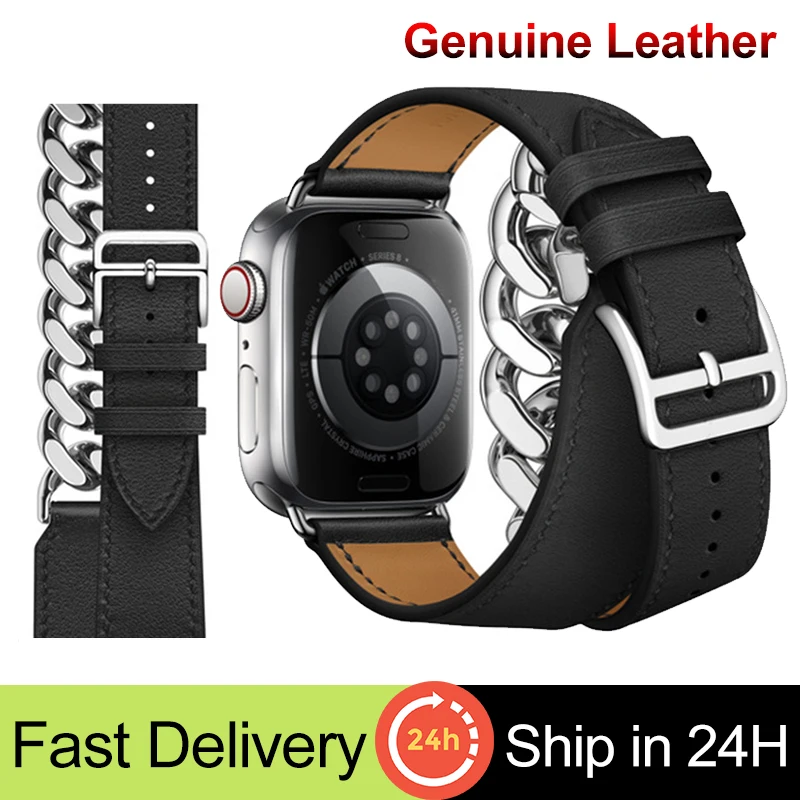 Leather Gourmette Metal Double Tour for Apple Watch Band Ultra Series 8 7 6 SE 54 Genuine Leather Strap for IWatch 41 45mm 49MM