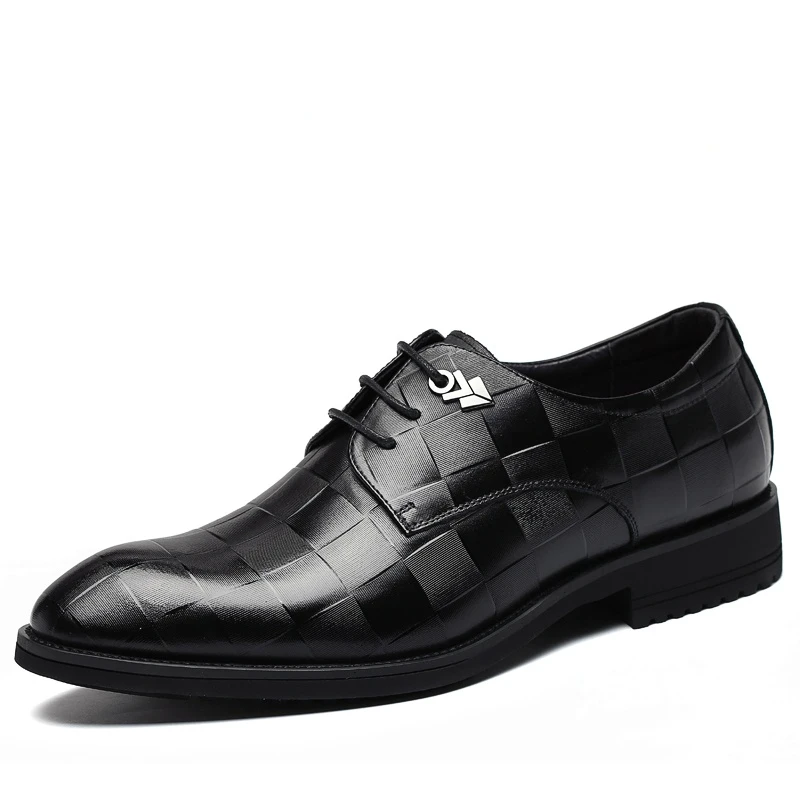 

Men's Dress Shoes 100% Genuine Leather British Pointed Toe Business Leisure Striped Plaid Embossing Trendy Wedding Shoes Male