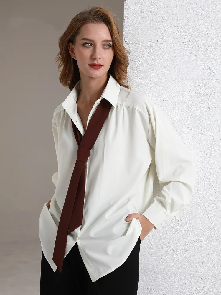 

2023 Spring Minimalist Long Sleeve Button Up Shirt Women Korean Style Solid Tie Oversize Blouse Loose Clothes Tops