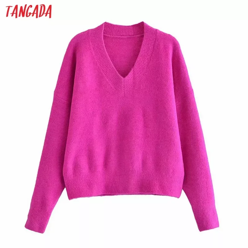 

Tangada Women Warm Thick Hotpink Oversized Knitted Sweater Jumper Long Sleeve Female Pullovers 3H285