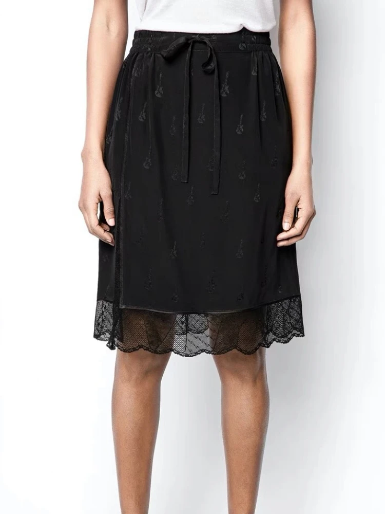 2022 New Zadi 100% Silk Black Lace Up Women Casual Silk Lace  Guitar Print Midi Skirt