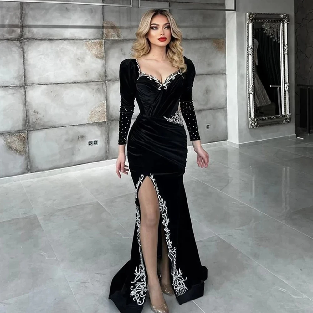 

Moroccan Caftan Evening Dresses Applique Long Sleeves Saudi Arabia Prom Celebrity Gowns Velvet Mermaid Side Split Party Dress
